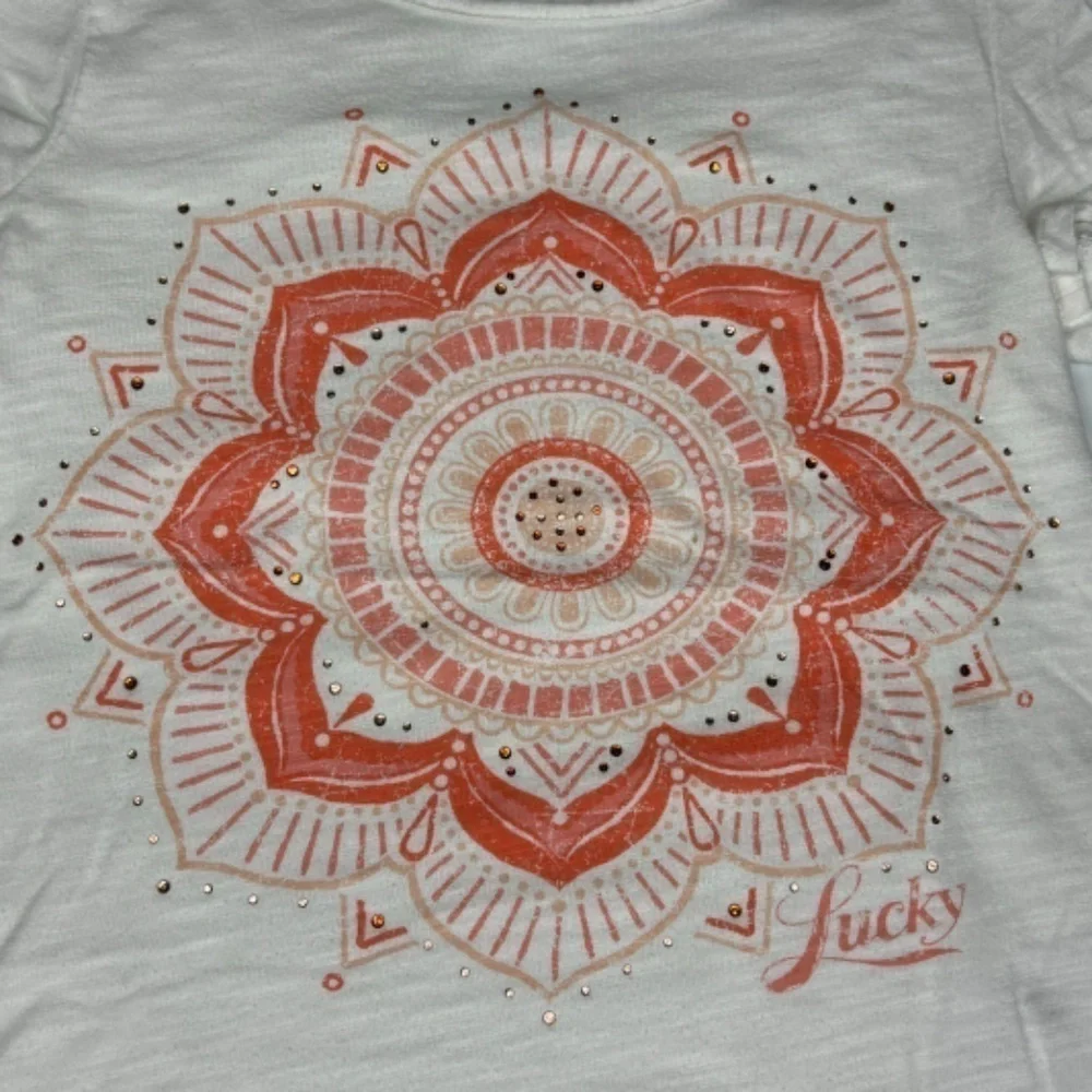 Lucky Brand Girls Top Size S‎ Short Sleeve Mandala Graphic Fringe Hem Tee Shirt
